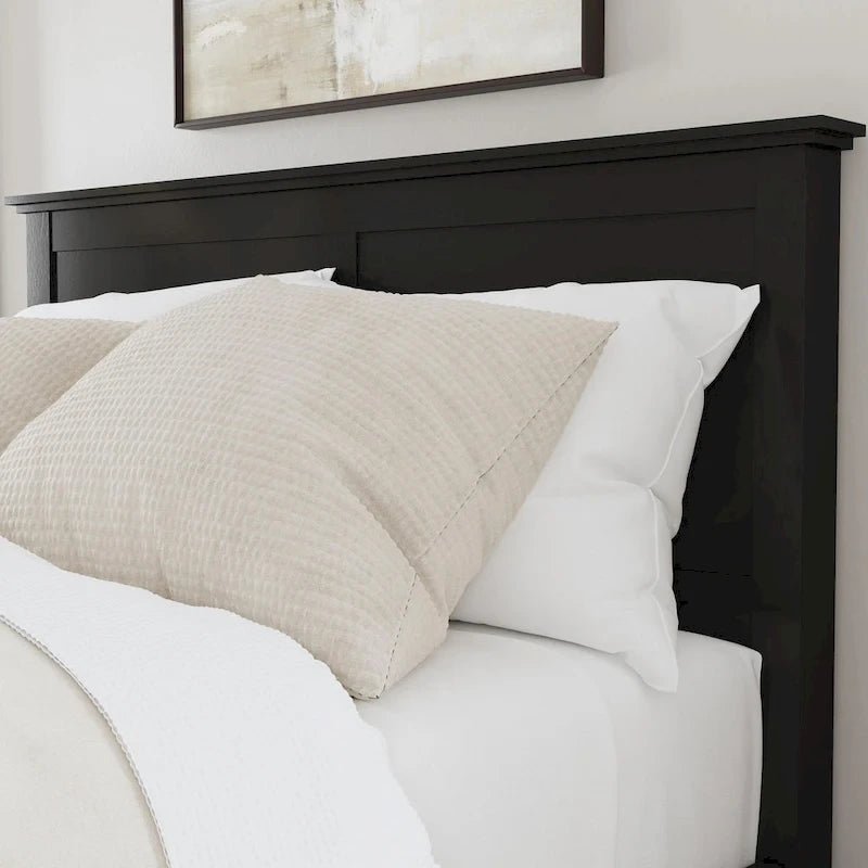 Cadre de lit en bois Queen Size, tête de lit et pied de lit à double panneau, style classique, noir, 2 personnes