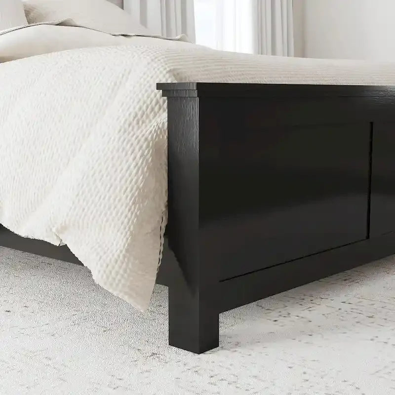 Cadre de lit en bois Queen Size, tête de lit et pied de lit à double panneau, style classique, noir, 2 personnes
