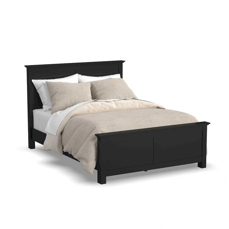 Cadre de lit en bois Queen Size, tête de lit et pied de lit à double panneau, style classique, noir, 2 personnes