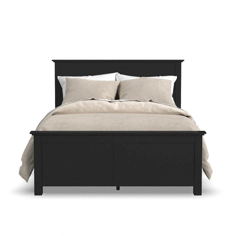 Cadre de lit en bois Queen Size, tête de lit et pied de lit à double panneau, style classique, noir, 2 personnes