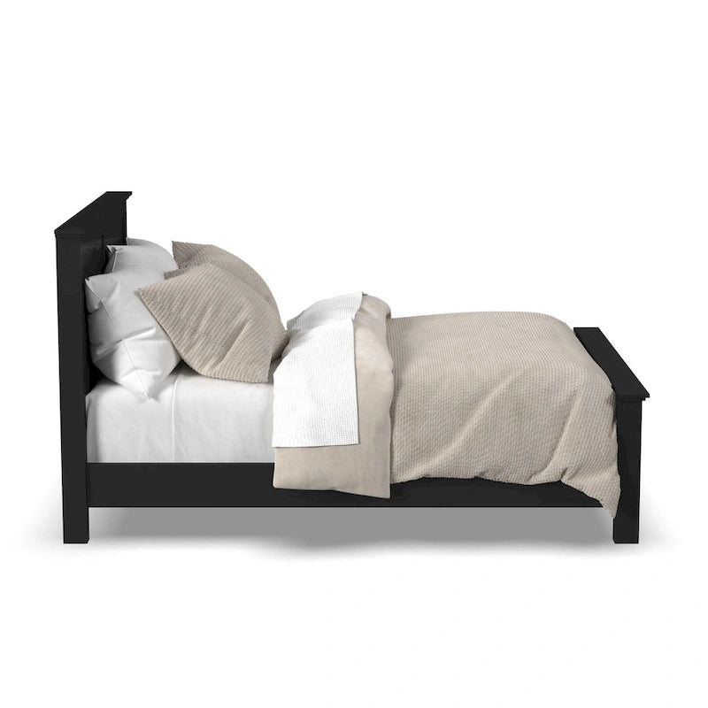 Cadre de lit en bois Queen Size, tête de lit et pied de lit à double panneau, style classique, noir, 2 personnes