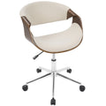 Chaise de bureau moderne du milieu du siècle, dossier en bois incurvé, assise en tissu tissé, base à roulettes chromée, réglable en hauteur, crème/bleu sarcelle/orange, 1 personne