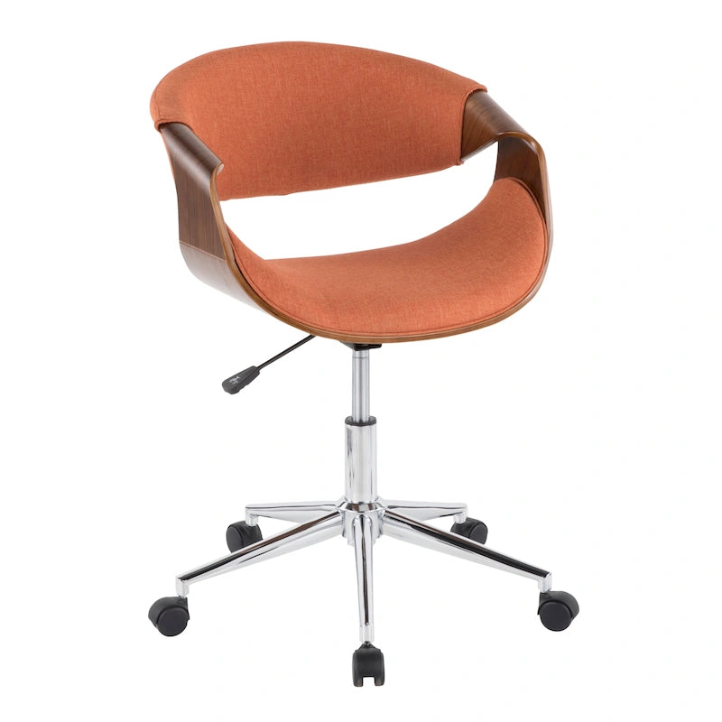 Chaise de bureau moderne du milieu du siècle, dossier en bois incurvé, assise en tissu tissé, base à roulettes chromée, réglable en hauteur, crème/bleu sarcelle/orange, 1 personne
