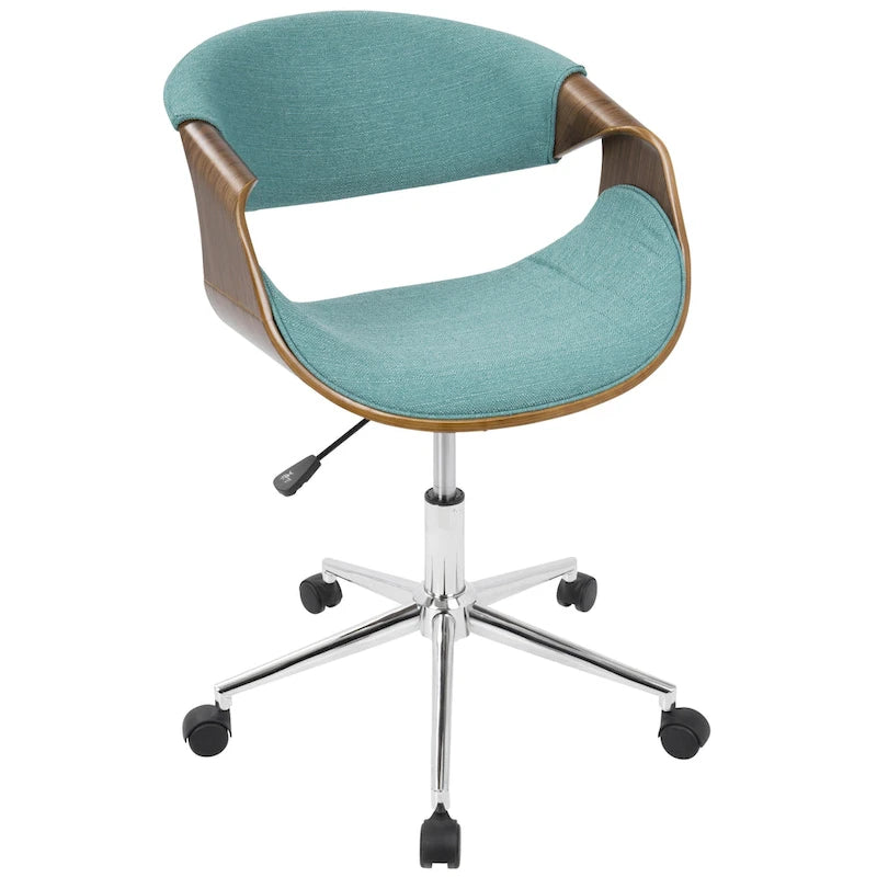 Chaise de bureau moderne du milieu du siècle, dossier en bois incurvé, assise en tissu tissé, base à roulettes chromée, réglable en hauteur, crème/bleu sarcelle/orange, 1 personne