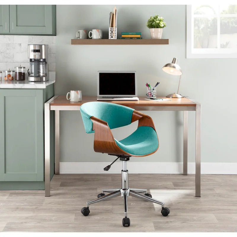 Chaise de bureau moderne du milieu du siècle, dossier en bois incurvé, assise en tissu tissé, base à roulettes chromée, réglable en hauteur, crème/bleu sarcelle/orange, 1 personne