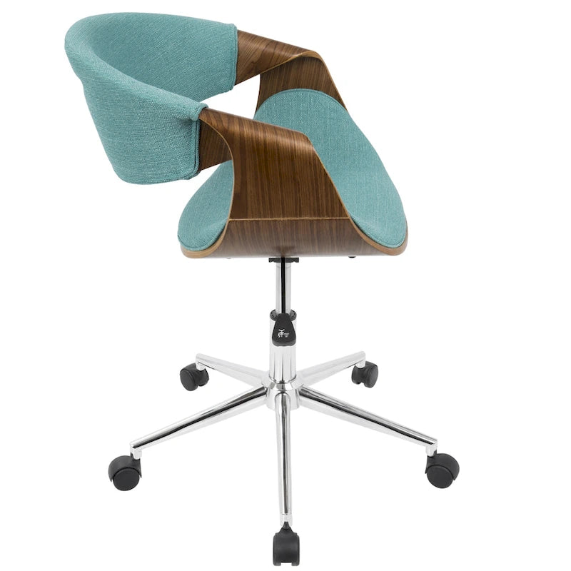 Chaise de bureau moderne du milieu du siècle, dossier en bois incurvé, assise en tissu tissé, base à roulettes chromée, réglable en hauteur, crème/bleu sarcelle/orange, 1 personne