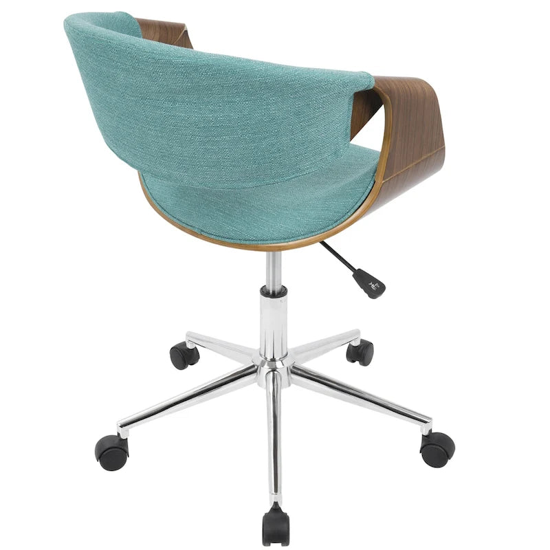 Chaise de bureau moderne du milieu du siècle, dossier en bois incurvé, assise en tissu tissé, base à roulettes chromée, réglable en hauteur, crème/bleu sarcelle/orange, 1 personne