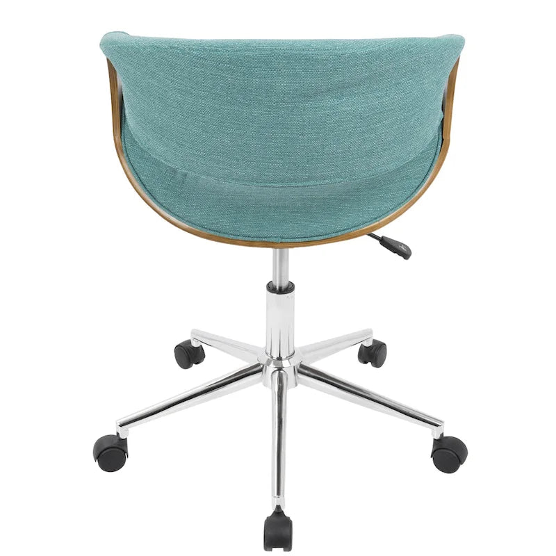 Chaise de bureau moderne du milieu du siècle, dossier en bois incurvé, assise en tissu tissé, base à roulettes chromée, réglable en hauteur, crème/bleu sarcelle/orange, 1 personne