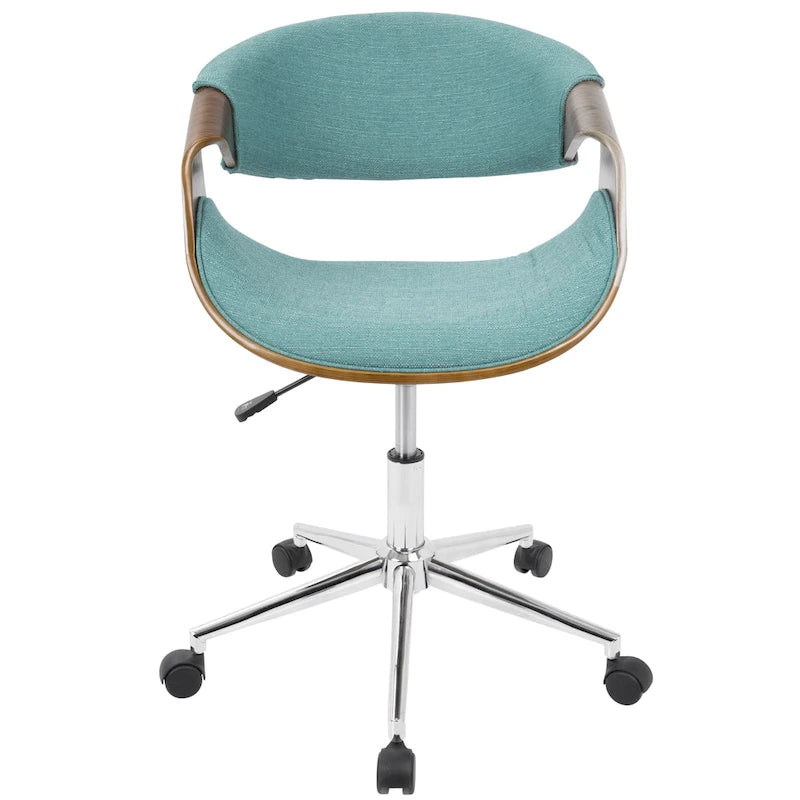 Chaise de bureau moderne du milieu du siècle, dossier en bois incurvé, assise en tissu tissé, base à roulettes chromée, réglable en hauteur, crème/bleu sarcelle/orange, 1 personne