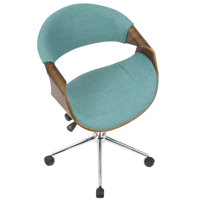 Chaise de bureau moderne du milieu du siècle, dossier en bois incurvé, assise en tissu tissé, base à roulettes chromée, réglable en hauteur, crème/bleu sarcelle/orange, 1 personne