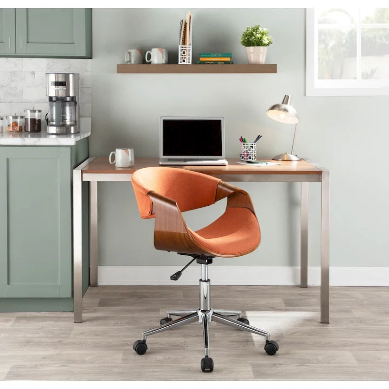 Chaise de bureau moderne du milieu du siècle, dossier en bois incurvé, assise en tissu tissé, base à roulettes chromée, réglable en hauteur, crème/bleu sarcelle/orange, 1 personne