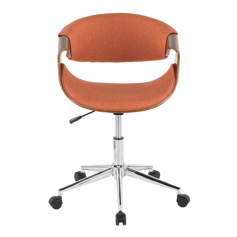 Chaise de bureau moderne du milieu du siècle, dossier en bois incurvé, assise en tissu tissé, base à roulettes chromée, réglable en hauteur, crème/bleu sarcelle/orange, 1 personne