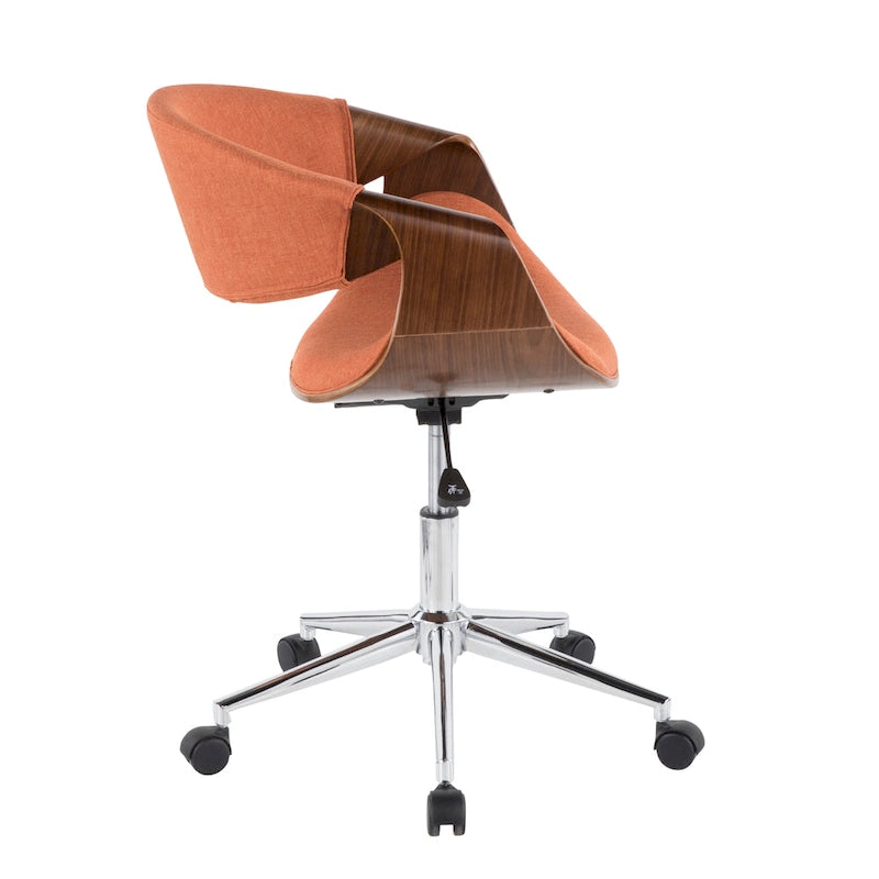 Chaise de bureau moderne du milieu du siècle, dossier en bois incurvé, assise en tissu tissé, base à roulettes chromée, réglable en hauteur, crème/bleu sarcelle/orange, 1 personne