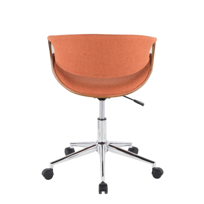 Chaise de bureau moderne du milieu du siècle, dossier en bois incurvé, assise en tissu tissé, base à roulettes chromée, réglable en hauteur, crème/bleu sarcelle/orange, 1 personne