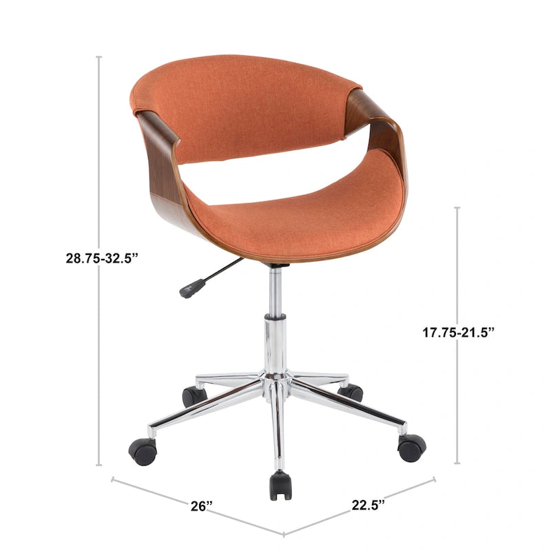 Chaise de bureau moderne du milieu du siècle, dossier en bois incurvé, assise en tissu tissé, base à roulettes chromée, réglable en hauteur, crème/bleu sarcelle/orange, 1 personne