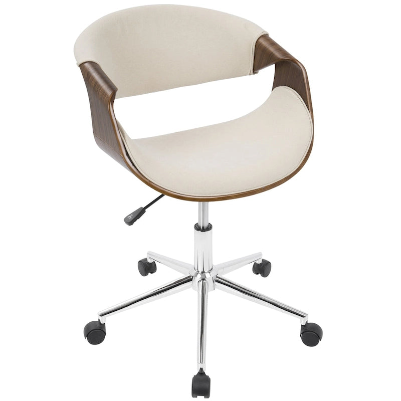 Chaise de bureau moderne du milieu du siècle, dossier en bois incurvé, assise en tissu tissé, base à roulettes chromée, réglable en hauteur, crème/bleu sarcelle/orange, 1 personne