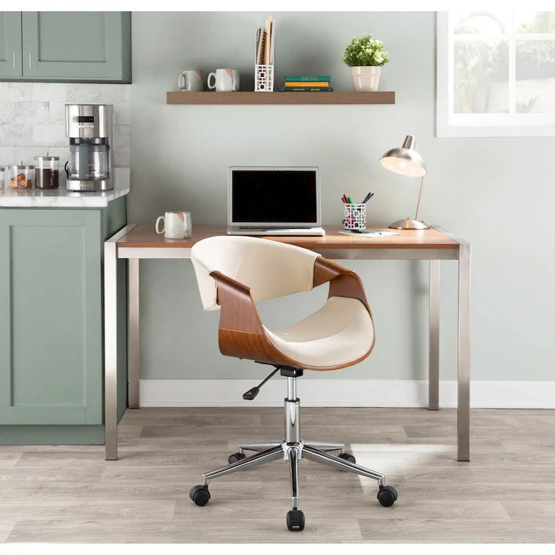 Chaise de bureau moderne du milieu du siècle, dossier en bois incurvé, assise en tissu tissé, base à roulettes chromée, réglable en hauteur, crème/bleu sarcelle/orange, 1 personne