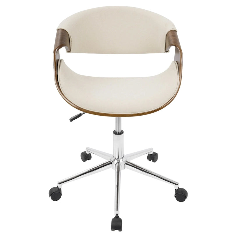 Chaise de bureau moderne du milieu du siècle, dossier en bois incurvé, assise en tissu tissé, base à roulettes chromée, réglable en hauteur, crème/bleu sarcelle/orange, 1 personne