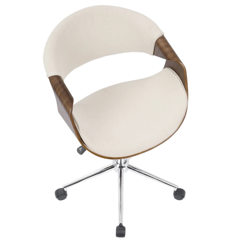 Chaise de bureau moderne du milieu du siècle, dossier en bois incurvé, assise en tissu tissé, base à roulettes chromée, réglable en hauteur, crème/bleu sarcelle/orange, 1 personne