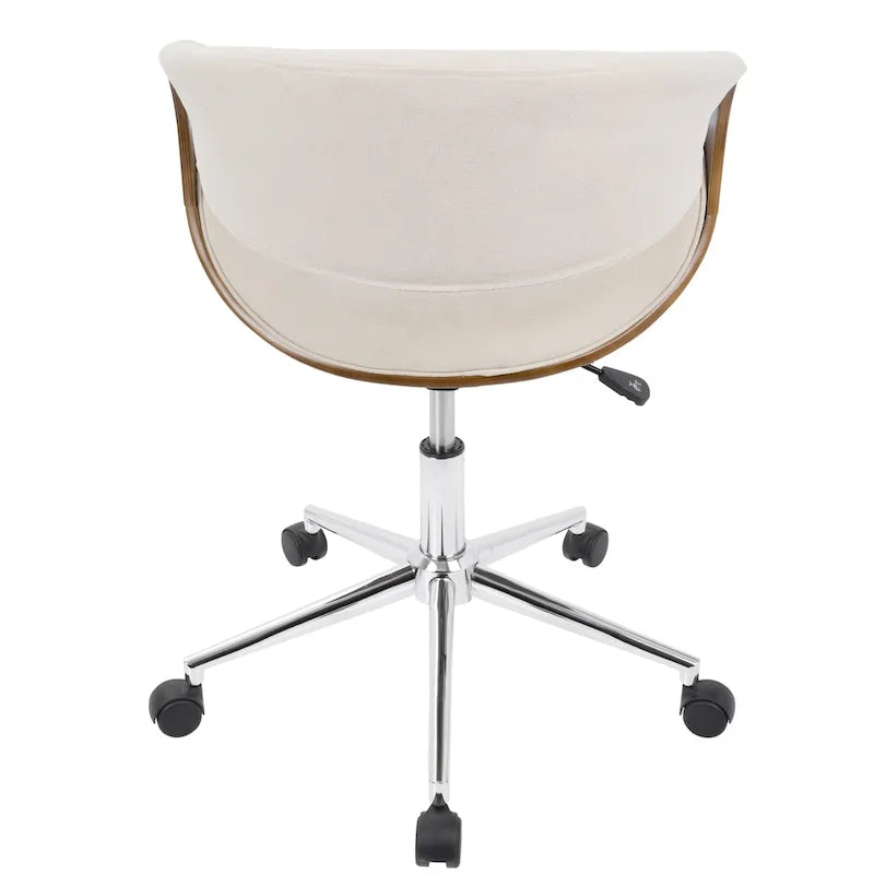Chaise de bureau moderne du milieu du siècle, dossier en bois incurvé, assise en tissu tissé, base à roulettes chromée, réglable en hauteur, crème/bleu sarcelle/orange, 1 personne