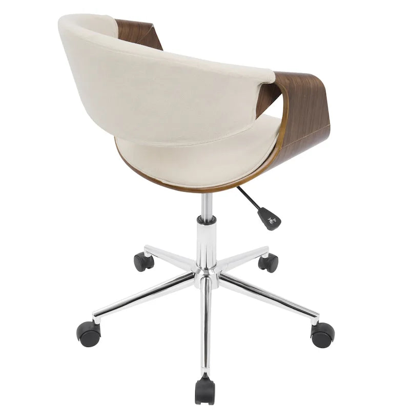 Chaise de bureau moderne du milieu du siècle, dossier en bois incurvé, assise en tissu tissé, base à roulettes chromée, réglable en hauteur, crème/bleu sarcelle/orange, 1 personne