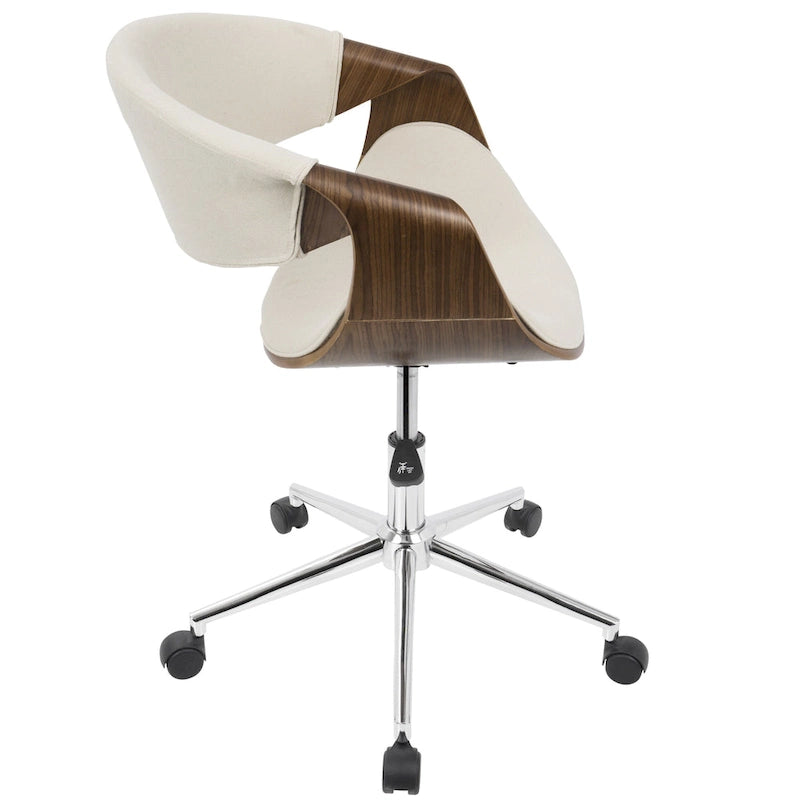 Chaise de bureau moderne du milieu du siècle, dossier en bois incurvé, assise en tissu tissé, base à roulettes chromée, réglable en hauteur, crème/bleu sarcelle/orange, 1 personne