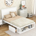 Lit plateforme double, tête de lit, 2 tiroirs latéraux, étagère en bout de lit, style rustique moderne, blanc/gris, 1 personne