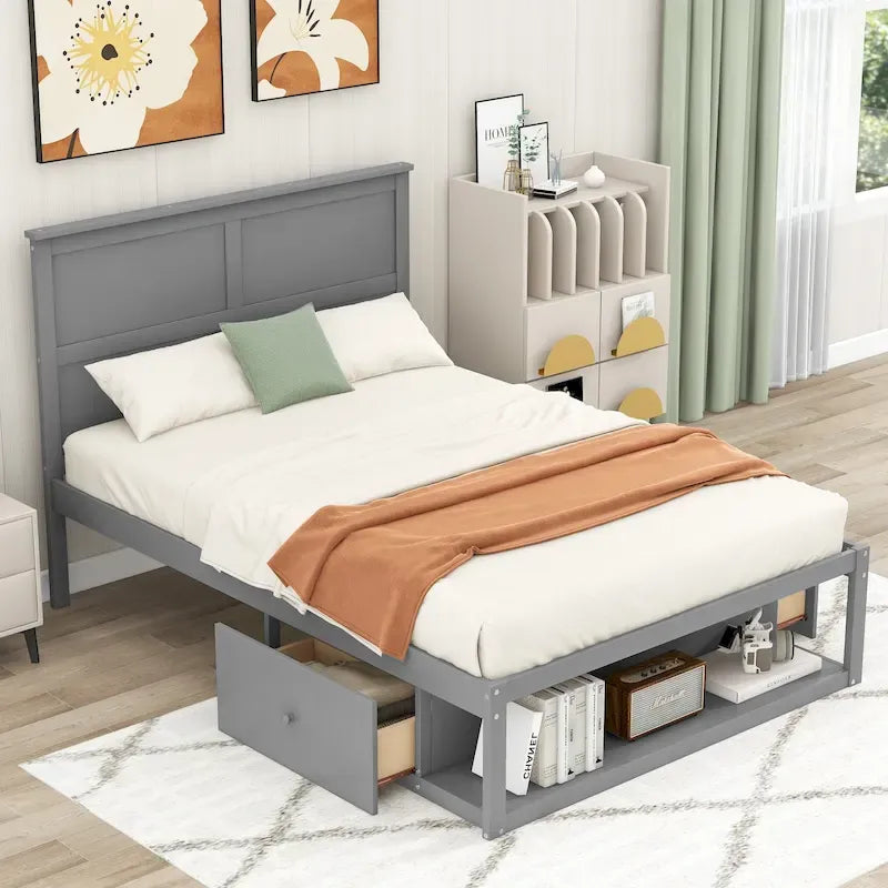 Lit plateforme double, tête de lit, 2 tiroirs latéraux, étagère en bout de lit, style rustique moderne, blanc/gris, 1 personne