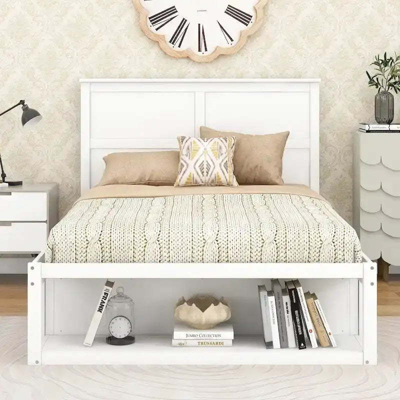 Lit plateforme double, tête de lit, 2 tiroirs latéraux, étagère en bout de lit, style rustique moderne, blanc/gris, 1 personne