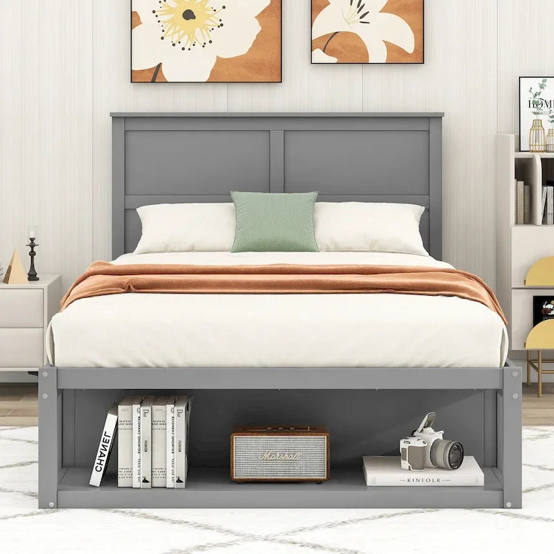 Lit plateforme double, tête de lit, 2 tiroirs latéraux, étagère en bout de lit, style rustique moderne, blanc/gris, 1 personne