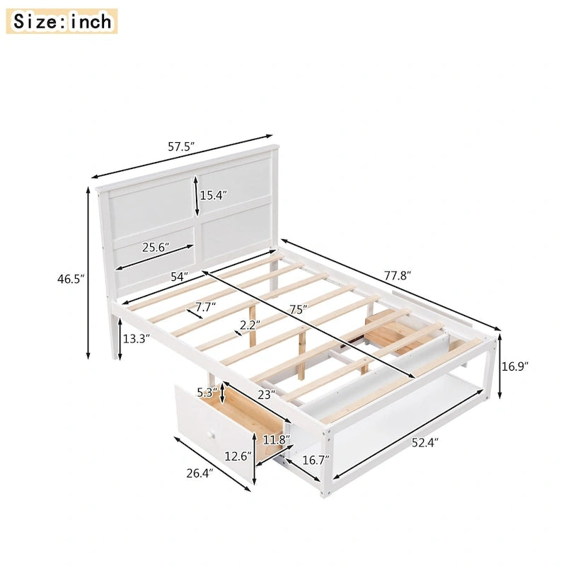 Lit plateforme double, tête de lit, 2 tiroirs latéraux, étagère en bout de lit, style rustique moderne, blanc/gris, 1 personne