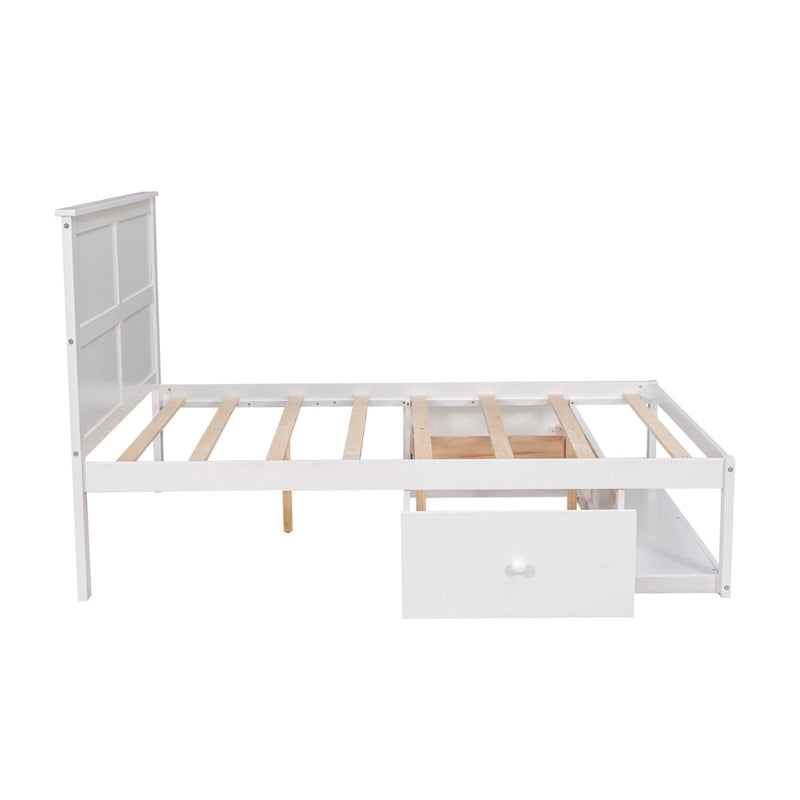 Lit plateforme double, tête de lit, 2 tiroirs latéraux, étagère en bout de lit, style rustique moderne, blanc/gris, 1 personne