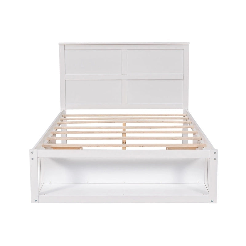 Lit plateforme double, tête de lit, 2 tiroirs latéraux, étagère en bout de lit, style rustique moderne, blanc/gris, 1 personne