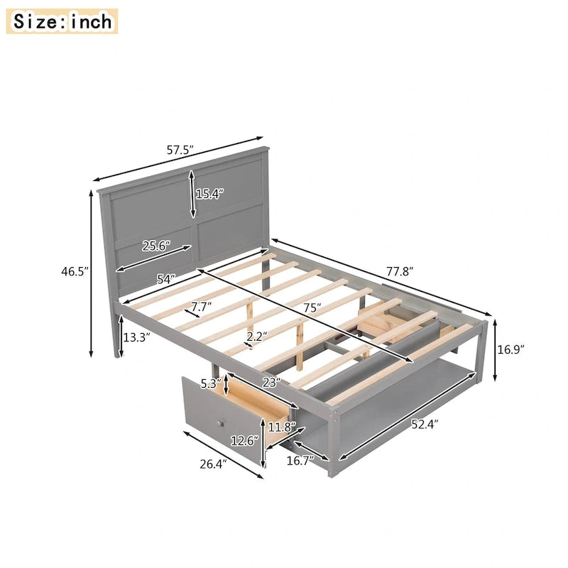 Lit plateforme double, tête de lit, 2 tiroirs latéraux, étagère en bout de lit, style rustique moderne, blanc/gris, 1 personne