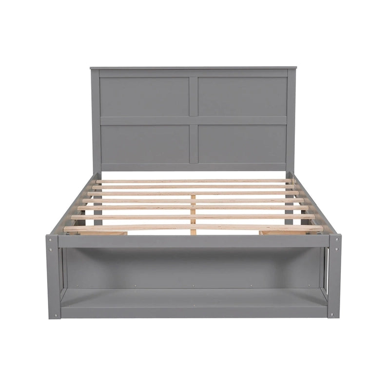 Lit plateforme double, tête de lit, 2 tiroirs latéraux, étagère en bout de lit, style rustique moderne, blanc/gris, 1 personne