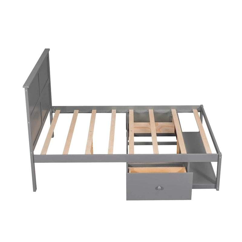 Lit plateforme double, tête de lit, 2 tiroirs latéraux, étagère en bout de lit, style rustique moderne, blanc/gris, 1 personne