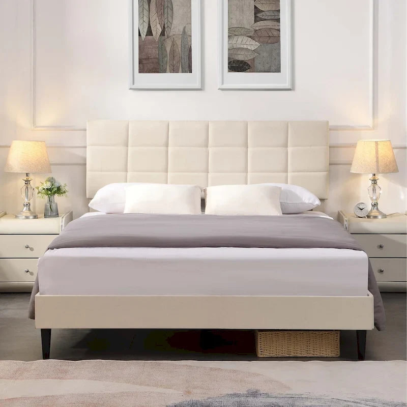 Lit plateforme rembourré, tête de lit capitonnée carrée, tissu, style moderne, beige/gris, double/grand lit/très grand lit, 2 personnes