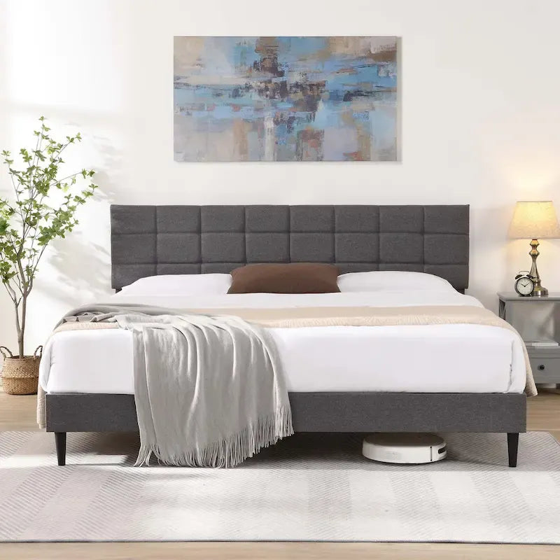 Lit plateforme rembourré, tête de lit capitonnée carrée, tissu, style moderne, beige/gris, double/grand lit/très grand lit, 2 personnes