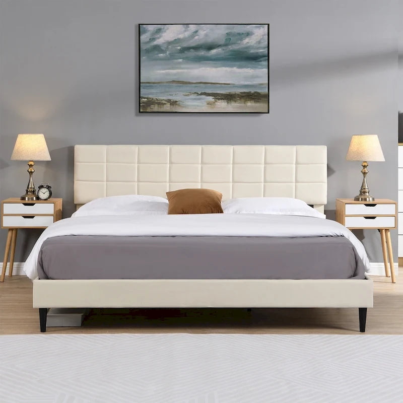 Lit plateforme rembourré, tête de lit capitonnée carrée, tissu, style moderne, beige/gris, double/grand lit/très grand lit, 2 personnes