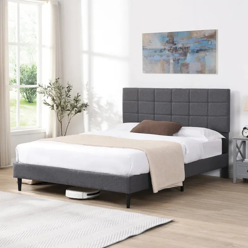 Lit plateforme rembourré, tête de lit capitonnée carrée, tissu, style moderne, beige/gris, double/grand lit/très grand lit, 2 personnes