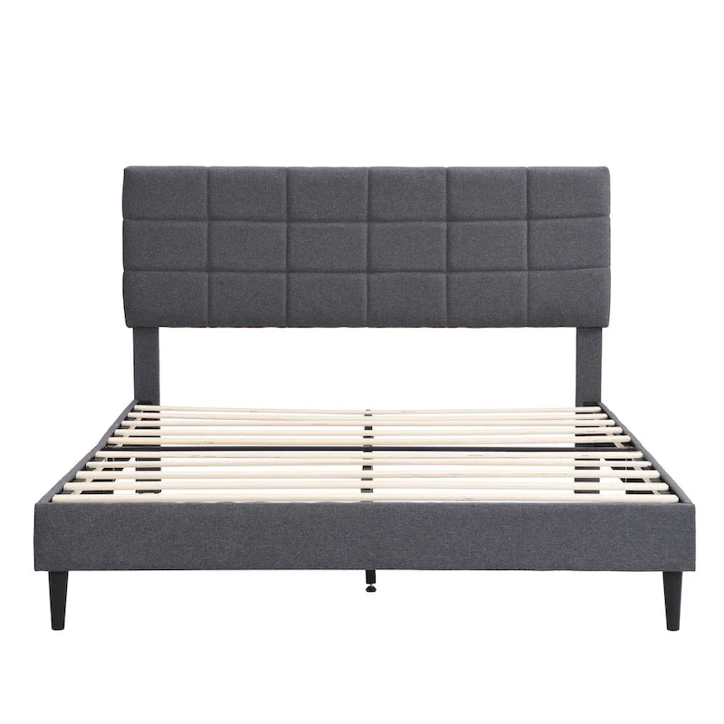 Lit plateforme rembourré, tête de lit capitonnée carrée, tissu, style moderne, beige/gris, double/grand lit/très grand lit, 2 personnes