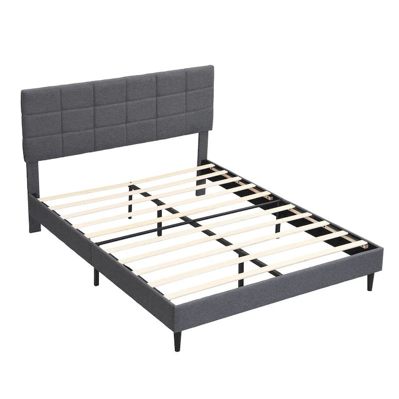 Lit plateforme rembourré, tête de lit capitonnée carrée, tissu, style moderne, beige/gris, double/grand lit/très grand lit, 2 personnes