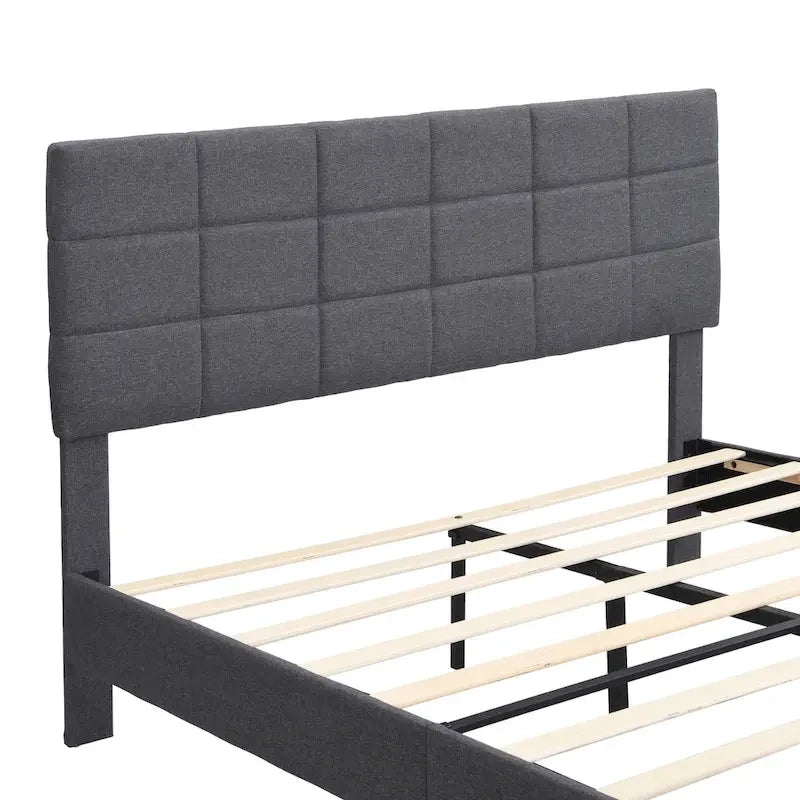 Lit plateforme rembourré, tête de lit capitonnée carrée, tissu, style moderne, beige/gris, double/grand lit/très grand lit, 2 personnes