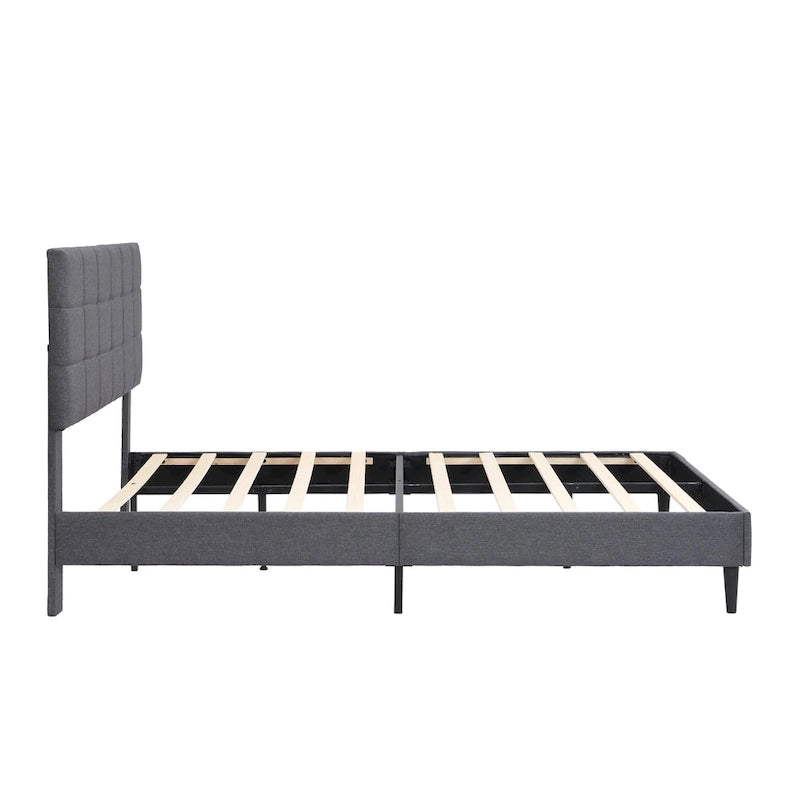 Lit plateforme rembourré, tête de lit capitonnée carrée, tissu, style moderne, beige/gris, double/grand lit/très grand lit, 2 personnes