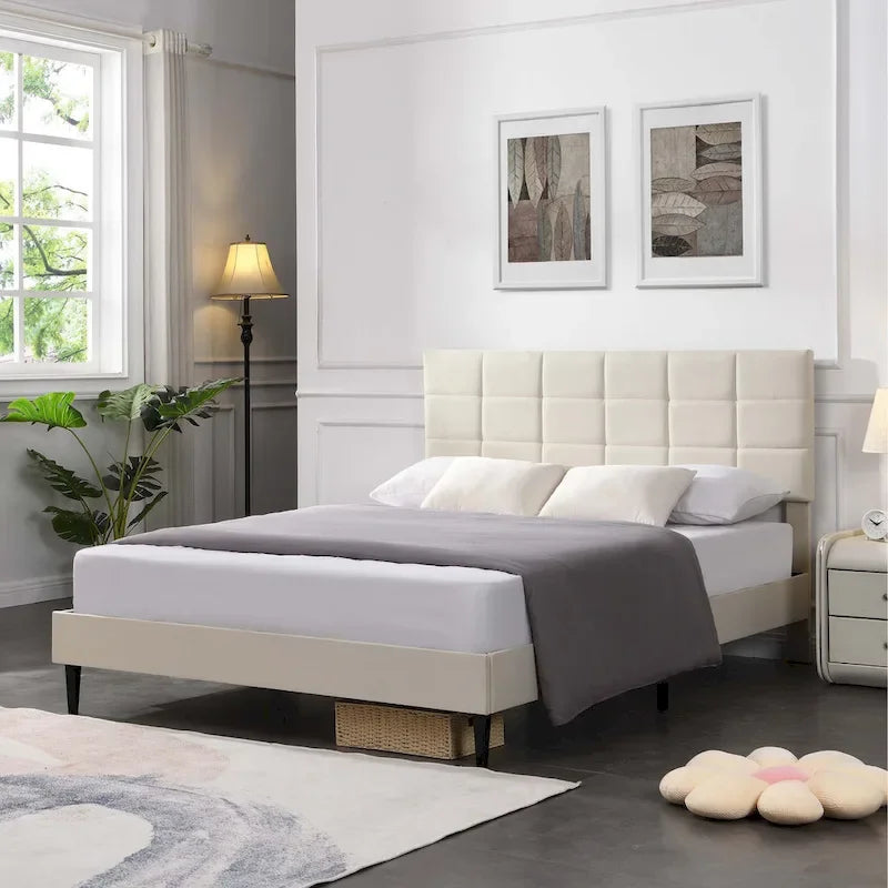 Lit plateforme rembourré, tête de lit capitonnée carrée, tissu, style moderne, beige/gris, double/grand lit/très grand lit, 2 personnes