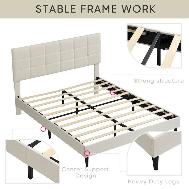 Lit plateforme rembourré, tête de lit capitonnée carrée, tissu, style moderne, beige/gris, double/grand lit/très grand lit, 2 personnes