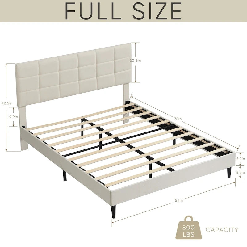 Lit plateforme rembourré, tête de lit capitonnée carrée, tissu, style moderne, beige/gris, double/grand lit/très grand lit, 2 personnes