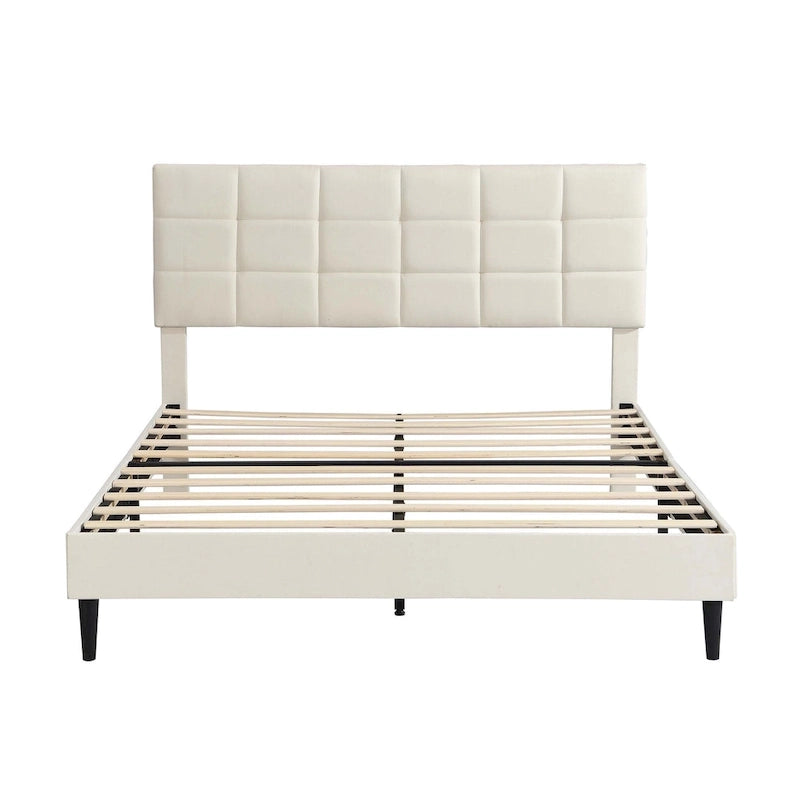 Lit plateforme rembourré, tête de lit capitonnée carrée, tissu, style moderne, beige/gris, double/grand lit/très grand lit, 2 personnes