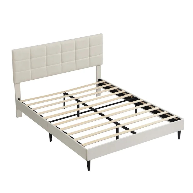 Lit plateforme rembourré, tête de lit capitonnée carrée, tissu, style moderne, beige/gris, double/grand lit/très grand lit, 2 personnes