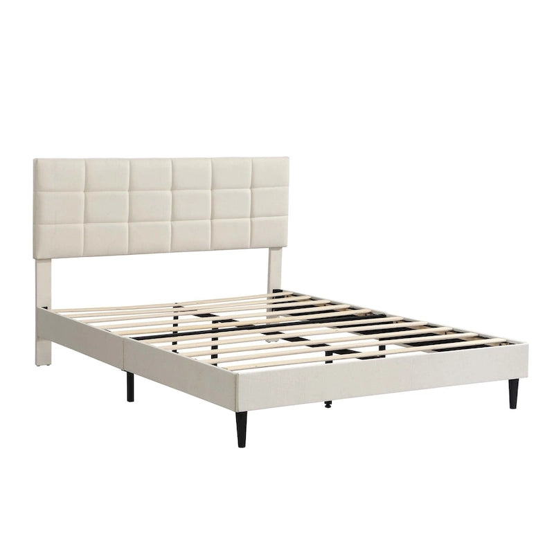 Lit plateforme rembourré, tête de lit capitonnée carrée, tissu, style moderne, beige/gris, double/grand lit/très grand lit, 2 personnes